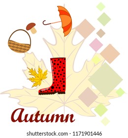 umbrella rubber boots maple leaf basket mushroom autumnal vector background