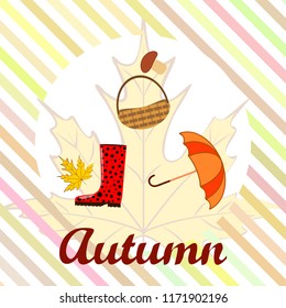 umbrella rubber boots maple leaf basket mushroom autumnal vector background