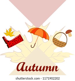umbrella rubber boots maple leaf basket mushroom autumnal vector background