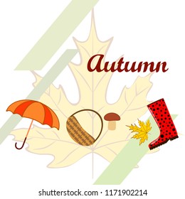 umbrella rubber boots maple leaf basket mushroom autumnal vector background