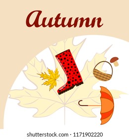 umbrella rubber boots maple leaf basket mushroom autumnal vector background