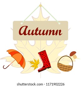 umbrella rubber boots maple leaf basket mushroom autumnal vector background