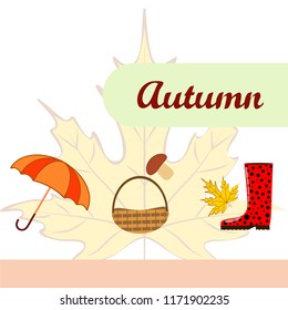 umbrella rubber boots maple leaf basket mushroom autumnal vector background