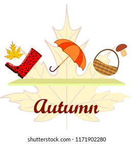 umbrella rubber boots maple leaf basket mushroom autumnal vector background
