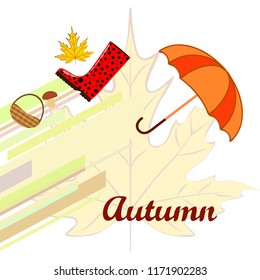 umbrella rubber boots maple leaf basket mushroom autumnal vector background