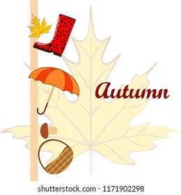 umbrella rubber boots maple leaf basket mushroom autumnal vector background