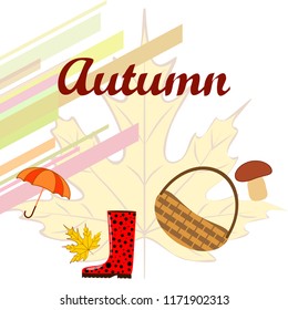 umbrella rubber boots maple leaf basket mushroom autumnal vector background