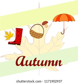 umbrella rubber boots maple leaf basket mushroom autumnal vector background