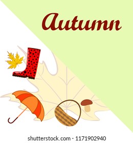 umbrella rubber boots maple leaf basket mushroom autumnal vector background