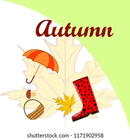 umbrella rubber boots maple leaf basket mushroom autumnal vector background