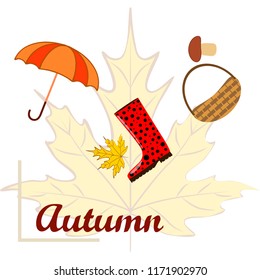 umbrella rubber boots maple leaf basket mushroom autumnal vector background