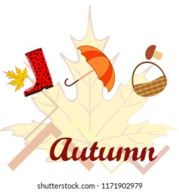 umbrella rubber boots maple leaf basket mushroom autumnal vector background