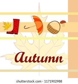 umbrella rubber boots maple leaf basket mushroom autumnal vector background