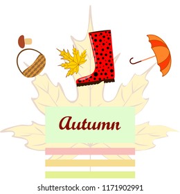 umbrella rubber boots maple leaf basket mushroom autumnal vector background
