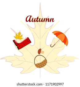 umbrella rubber boots maple leaf basket mushroom autumnal vector background
