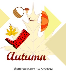 umbrella rubber boots maple leaf basket mushroom autumnal vector background