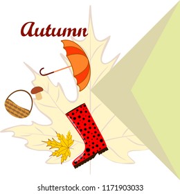 umbrella rubber boots maple leaf basket mushroom autumnal vector background