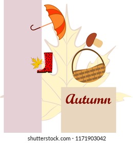 umbrella rubber boots maple leaf basket mushroom autumnal vector background
