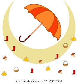 umbrella rubber boots maple leaf basket mushroom autumnal vector background