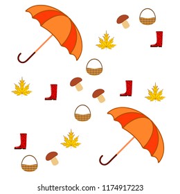 umbrella rubber boots maple leaf basket mushroom autumnal vector background