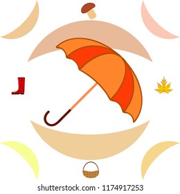 umbrella rubber boots maple leaf basket mushroom autumnal vector background