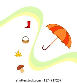 umbrella rubber boots maple leaf basket mushroom autumnal vector background