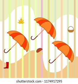 umbrella rubber boots maple leaf basket mushroom autumnal vector background