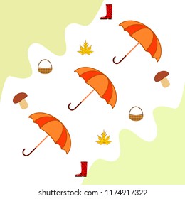 umbrella rubber boots maple leaf basket mushroom autumnal vector background