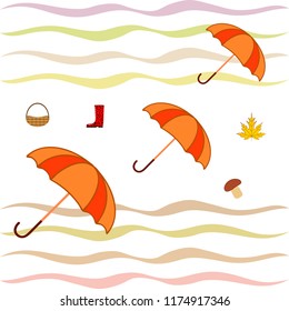 umbrella rubber boots maple leaf basket mushroom autumnal vector background