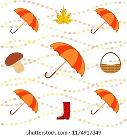 umbrella rubber boots maple leaf basket mushroom autumnal vector background