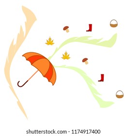 umbrella rubber boots maple leaf basket mushroom autumnal vector background