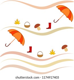 umbrella rubber boots maple leaf basket mushroom autumnal vector background