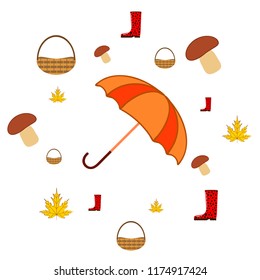 umbrella rubber boots maple leaf basket mushroom autumnal vector background