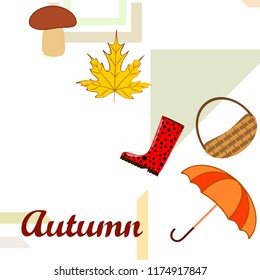 umbrella rubber boots maple leaf basket mushroom autumnal vector background