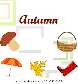 umbrella rubber boots maple leaf basket mushroom autumnal vector background