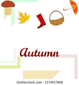 umbrella rubber boots maple leaf basket mushroom autumnal vector background