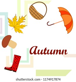 umbrella rubber boots maple leaf basket mushroom autumnal vector background