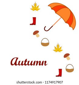 umbrella rubber boots maple leaf basket mushroom autumnal vector background