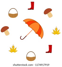 umbrella rubber boots maple leaf basket mushroom autumnal vector background