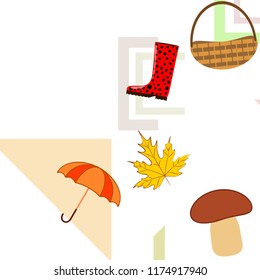 umbrella rubber boots maple leaf basket mushroom autumnal vector background