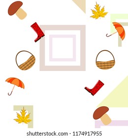 umbrella rubber boots maple leaf basket mushroom autumnal vector background