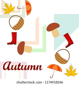 umbrella rubber boots maple leaf basket mushroom autumnal vector background