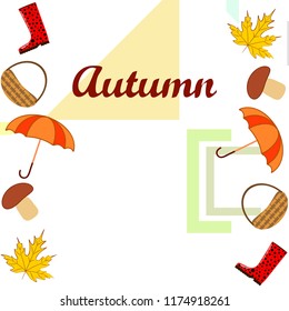 umbrella rubber boots maple leaf basket mushroom autumnal vector background