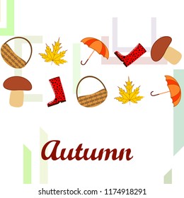 umbrella rubber boots maple leaf basket mushroom autumnal vector background