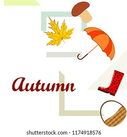 umbrella rubber boots maple leaf basket mushroom autumnal vector background