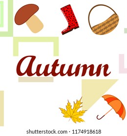 umbrella rubber boots maple leaf basket mushroom autumnal vector background