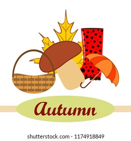 umbrella rubber boots maple leaf basket mushroom autumnal vector background