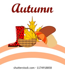 umbrella rubber boots maple leaf basket mushroom autumnal vector background