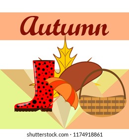 umbrella rubber boots maple leaf basket mushroom autumnal vector background