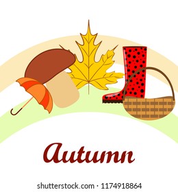 umbrella rubber boots maple leaf basket mushroom autumnal vector background